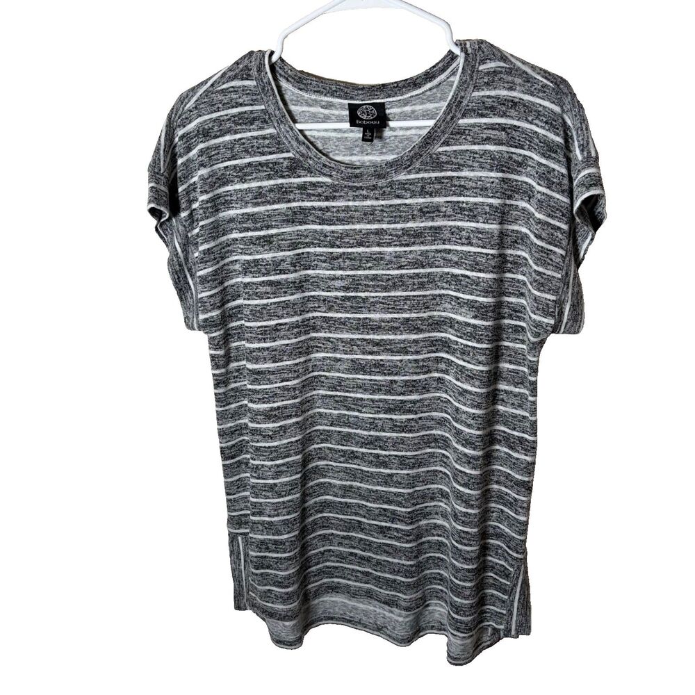 Bobeau Blouse Women's Large Gray Knit Striped Round Neck Short Sleeve Casual - Picture 1 of 8